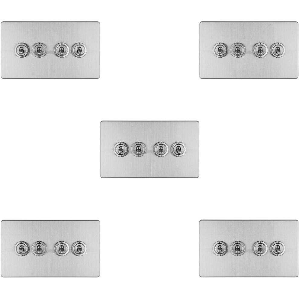 5 PACK 4 Gang Quad Retro Toggle Light Switch SCREWLESS SATIN STEEL 10A 2 Way