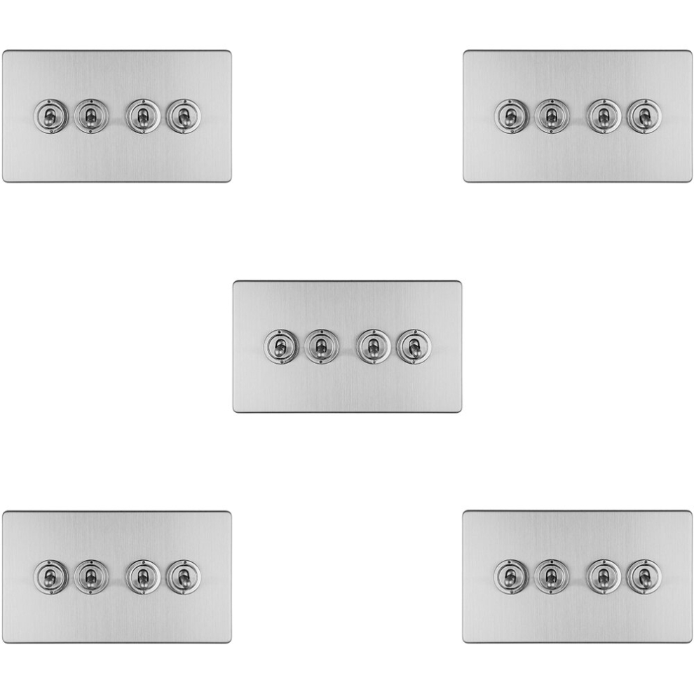 5 Pack 4 Gang Quad Retro Toggle Light Switch Screwless Satin Steel 10A 2 Way 5056581974549