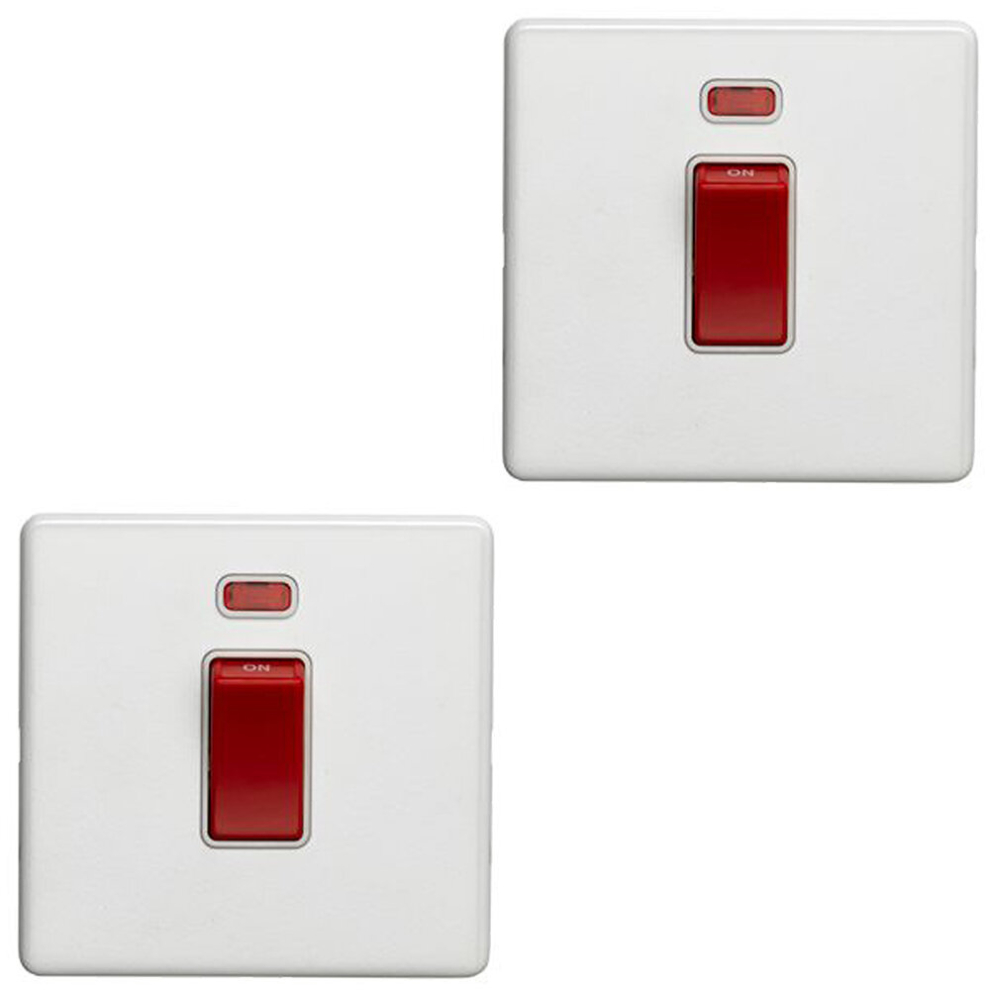 2 PACK 1 Gang Single 45A DP Cooker Switch & Neon SCREWLESS MATT WHITE Rocker