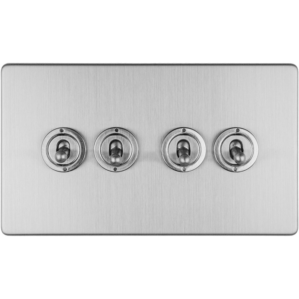 4 Gang Quad Retro Toggle Light Switch Screwless Satin Steel 10A 2 Way Lever 5056581974518