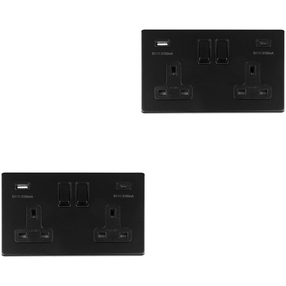 2 PACK 2 Gang Double 13A UK Plug Socket & 2x 3.1A USB-C & A SCREWLESS MATT BLACK