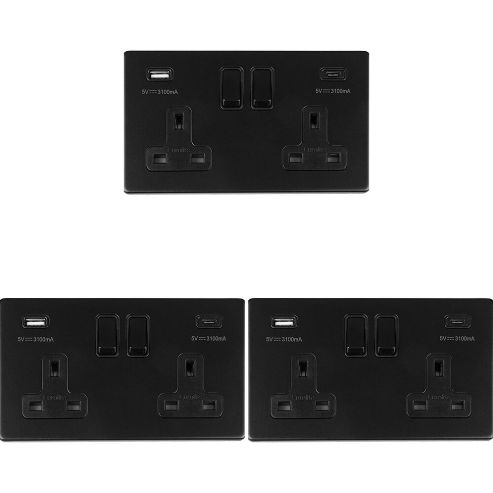 3 PACK 2 Gang Double 13A UK Plug Socket & 2x 3.1A USB-C & A SCREWLESS MATT BLACK