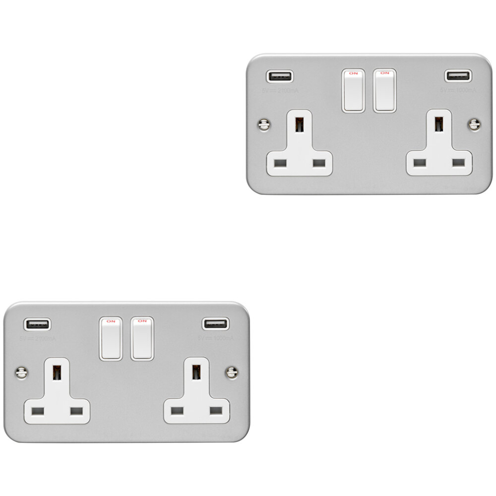 2 PACK 2 Gang 13A Switched UK Plug Socket & 2.1A USB-A HEAVY DUTY METAL CLAD