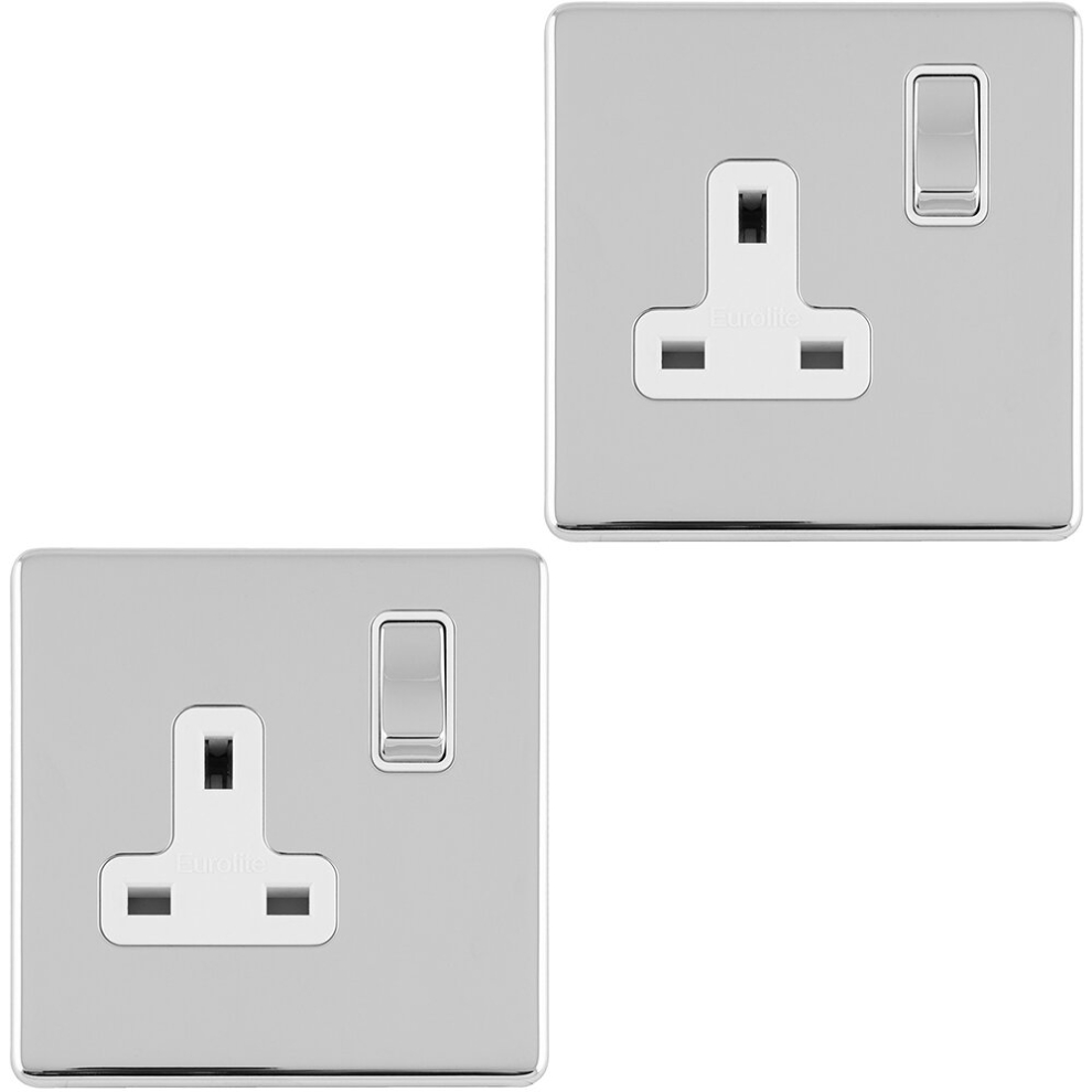 2 PACK 1 Gang DP 13A Switched UK Plug Socket SCREWLESS POLISHED CHROME Power