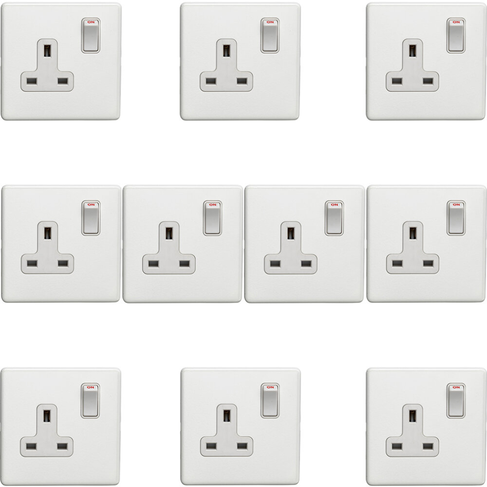 10 PACK 1 Gang DP 13A Switched UK Plug Socket SCREWLESS MATT WHITE Wall Power