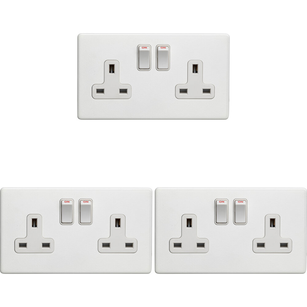 3 PACK 2 Gang Double DP 13A Switched UK Plug Socket SCREWLESS MATT WHITE Power