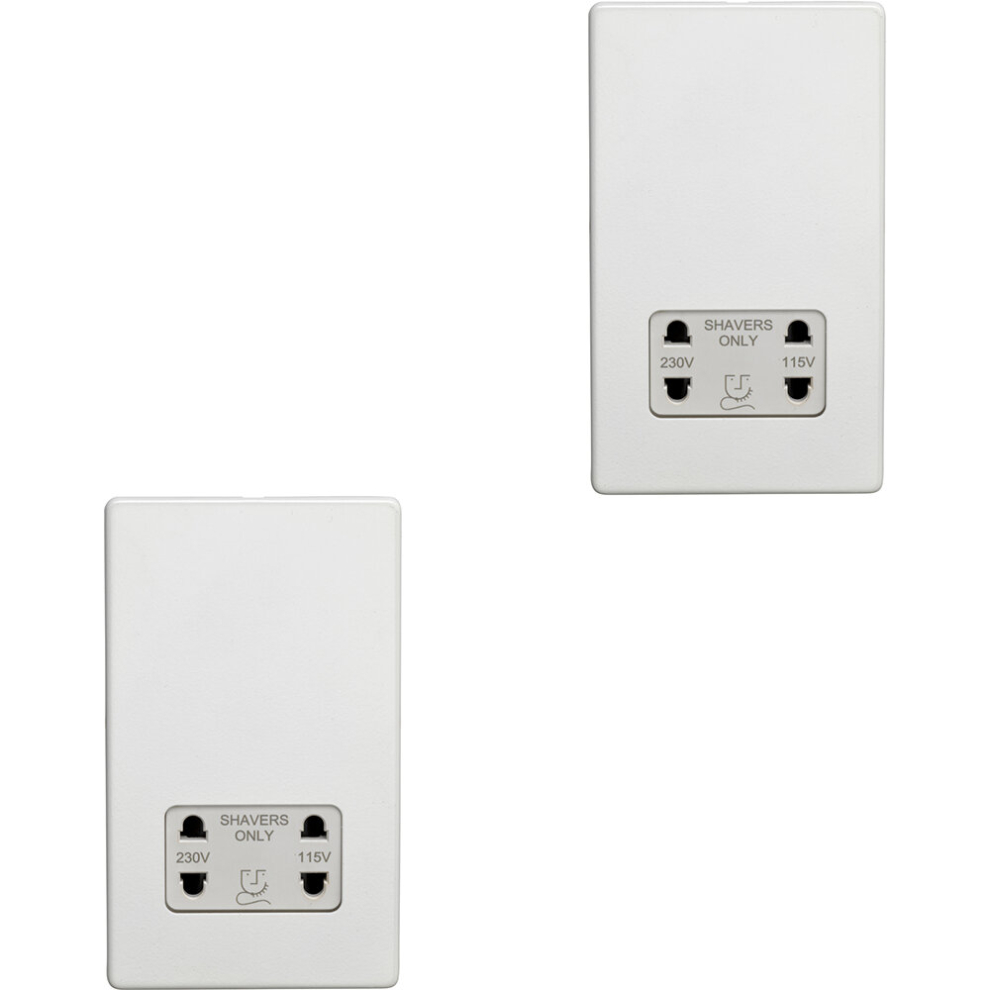 2 PACK 230V 115V Twin Shaver Socket Wall Plate SCREWLESS MATT WHITE Bathroom