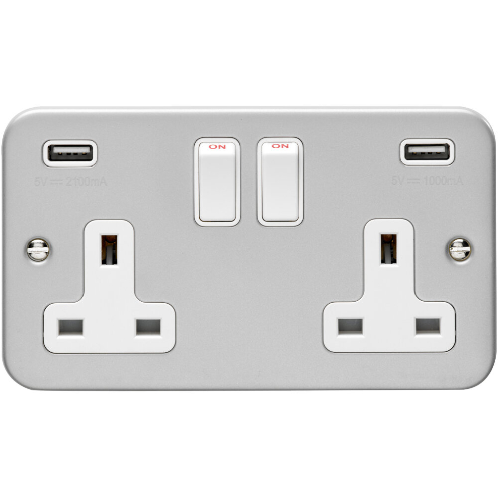 2 Gang Double 13A Switched UK Plug Socket & 2.1A USB-A HEAVY DUTY METAL CLAD