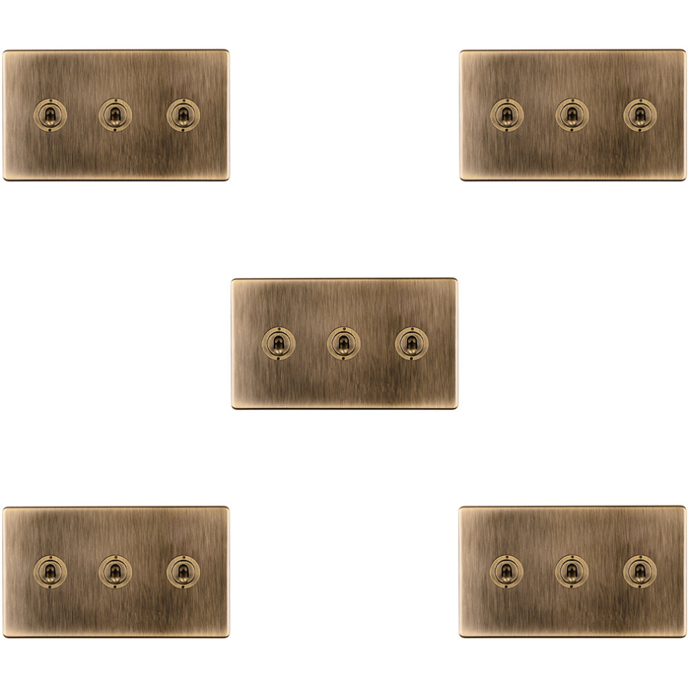 5 PACK 3 Gang Triple Retro Toggle Light Switch SCREWLESS ANTIQUE BRASS 10A 2 Way