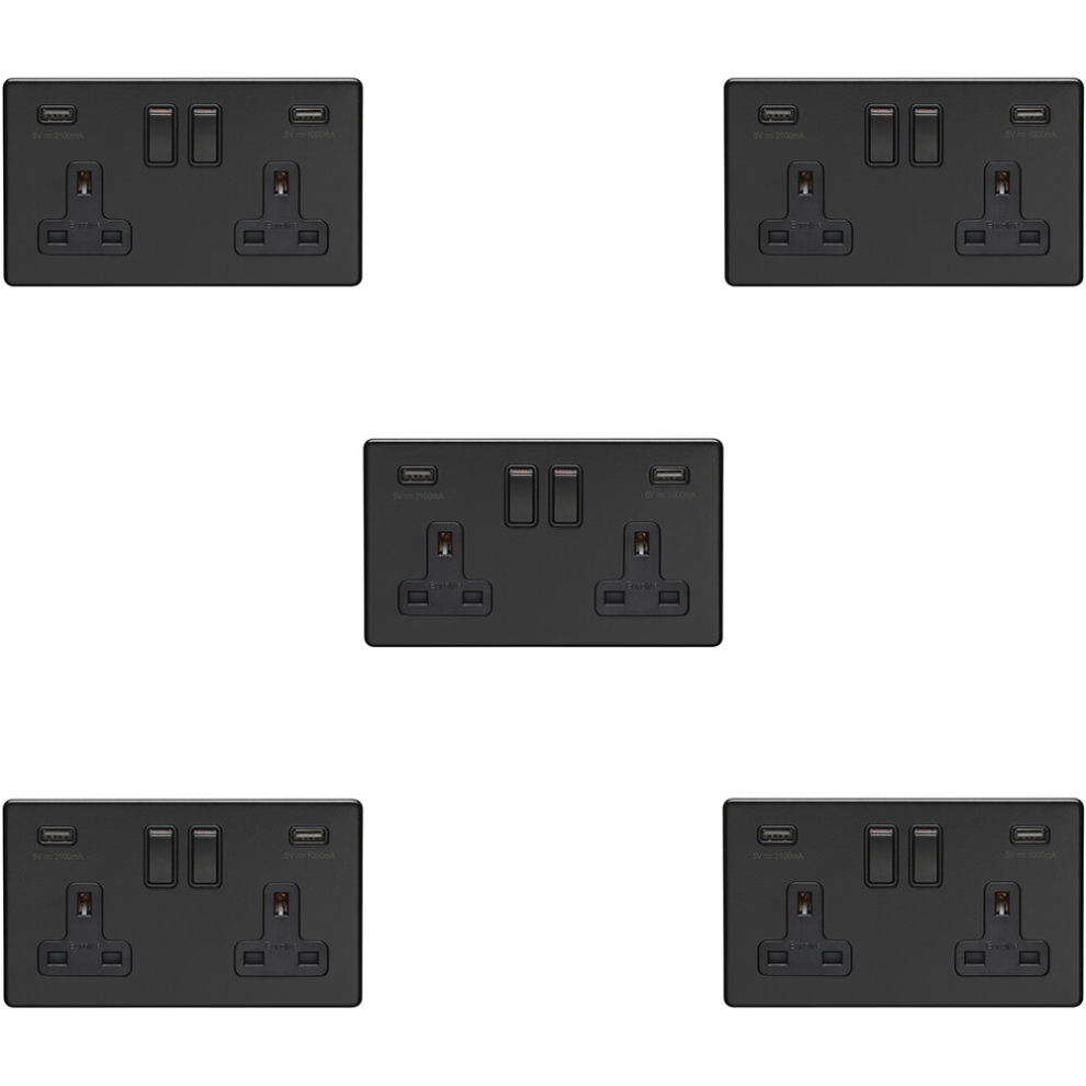 5 PACK 2 Gang Double 13A UK Plug Socket & 2.1A USB-A SCREWLESS MATT BLACK