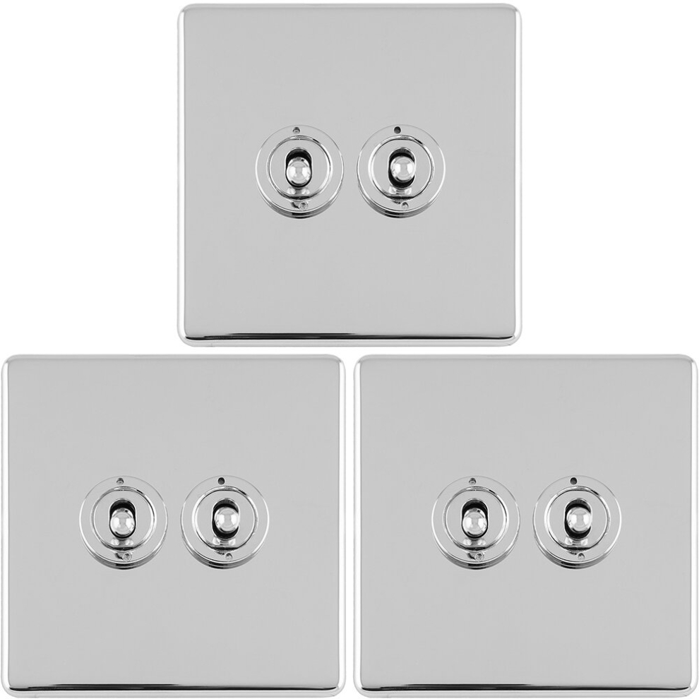 3 PACK 2 Gang Double Retro Toggle Light Switch SCREWLESS CHROME 10A 2 Way Plate