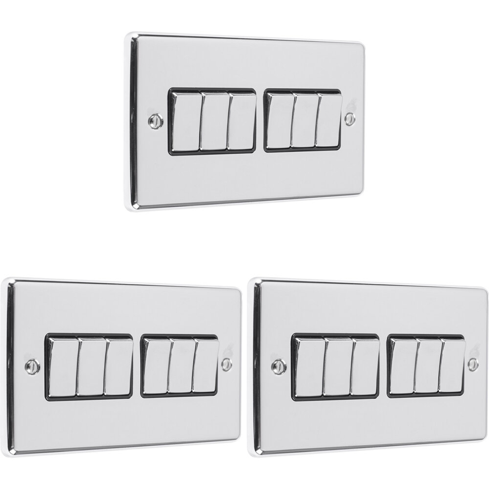 3 PACK 6 Gang Multi Light Switch POLISHED CHROME & BLACK 2 Way 10A Metal Rocker