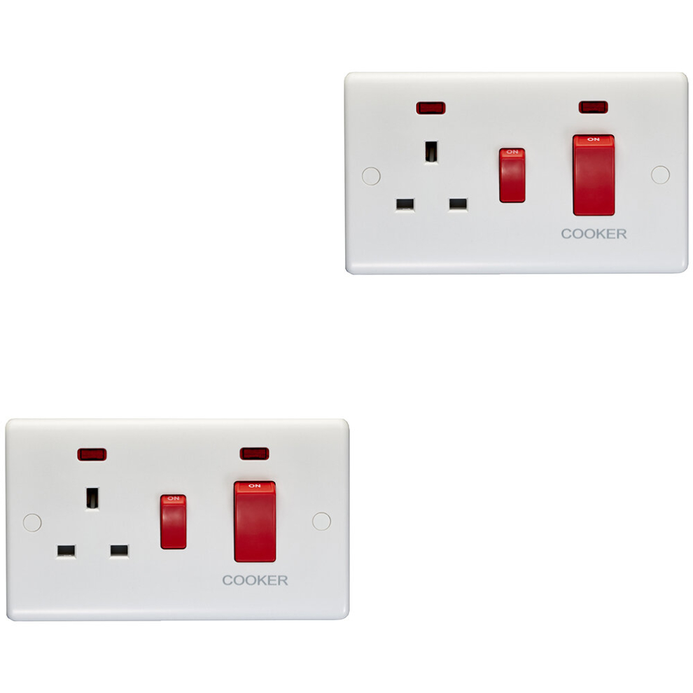 2 PACK 45A DP Oven Switch & Single 13A Switched Power Socket & Neon WHITE Cooker