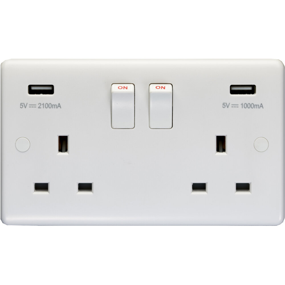 2 Gang Double UK Plug Socket & 2.1A USB-A Charger WHITE PLASTIC 13A Switched