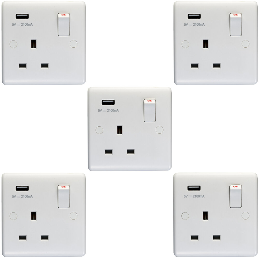 5 PACK 1 Gang Single UK Plug Socket & 2.1A USB-A Charger WHITE 13A Switched