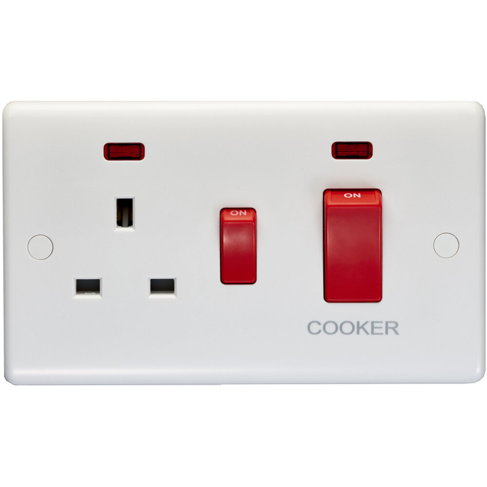 Loops 45A Dp Oven Switch & Single 13A Switched Power Socket & Neon White Cooker Wall