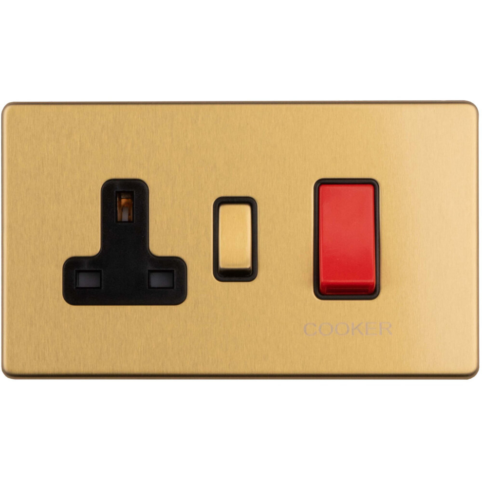 45A Dp Oven Cooker Switch & Single 13A Switched Socket Screwless Satin Brass 5056581972859