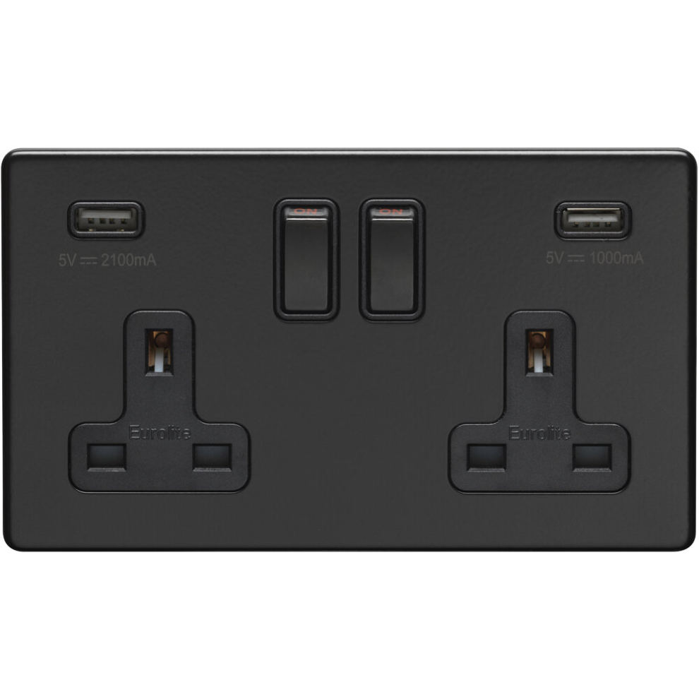 2 Gang Double 13A UK Plug Socket & 2.1A USB-A Charger SCREWLESS MATT BLACK