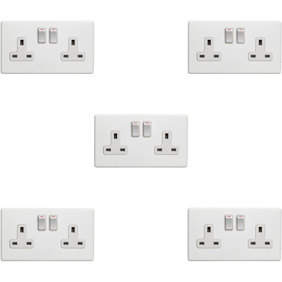 5 PACK 2 Gang Double DP 13A Switched UK Plug Socket SCREWLESS MATT WHITE Power