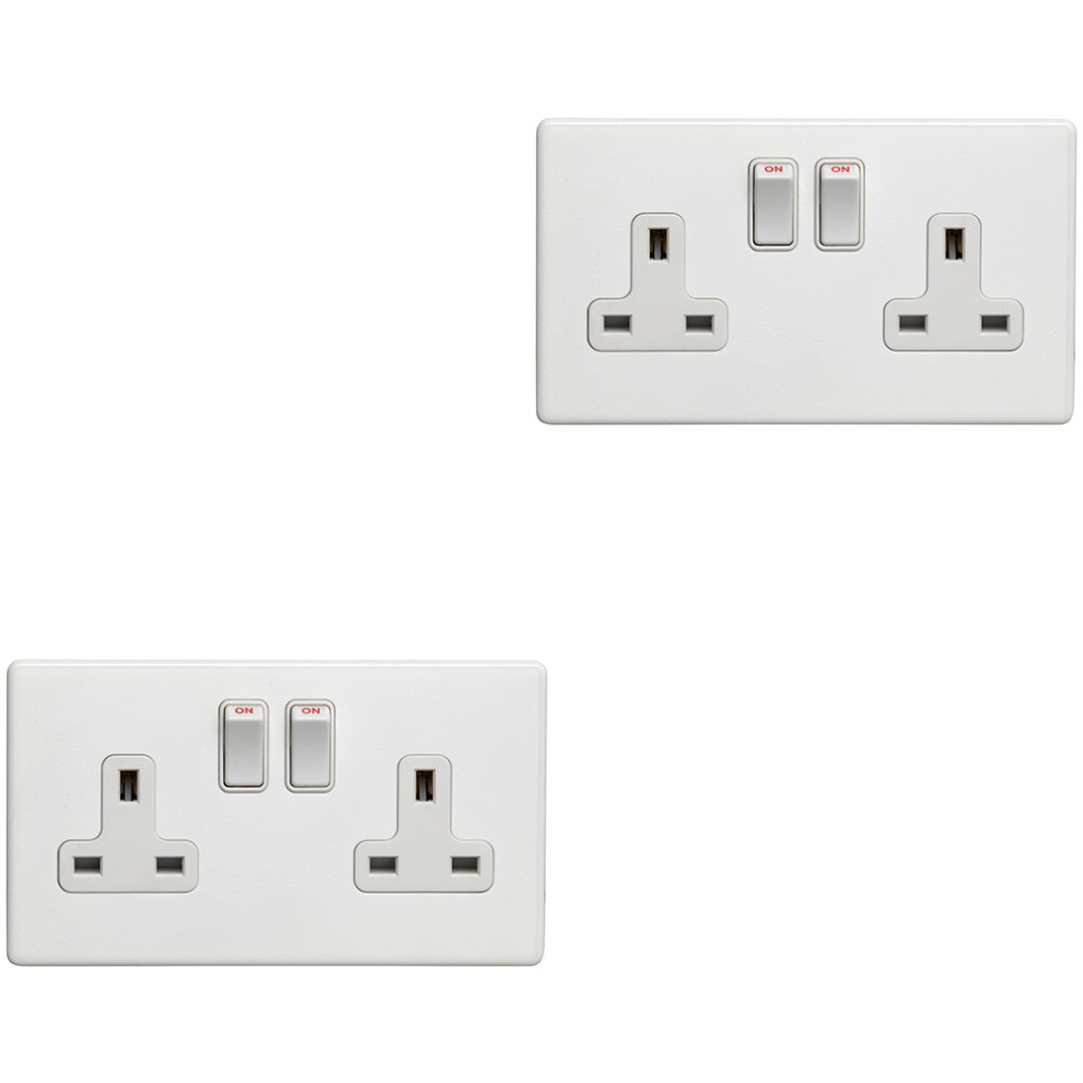 2 PACK 2 Gang Double DP 13A Switched UK Plug Socket SCREWLESS MATT WHITE Power