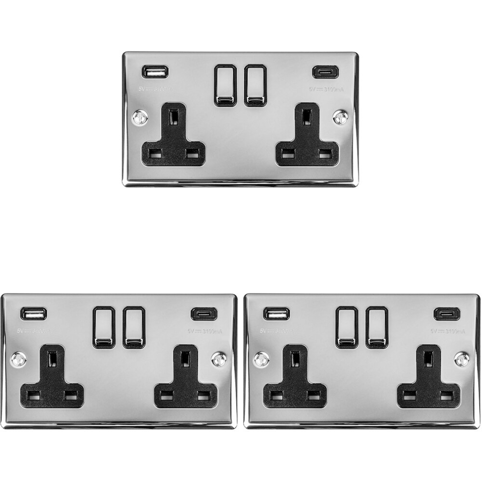 3 PACK 2 Gang Double UK Plug Socket & Dual 3.1A USB-C & A CHROME 13A Switched