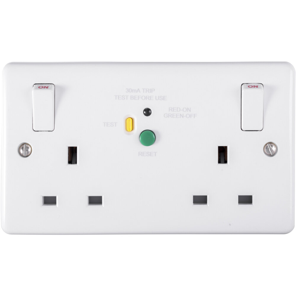 Loops 2 Gang Double 13A Swithed Uk Plug Socket - 30Ma Passive Rcd White Safety Outlet
