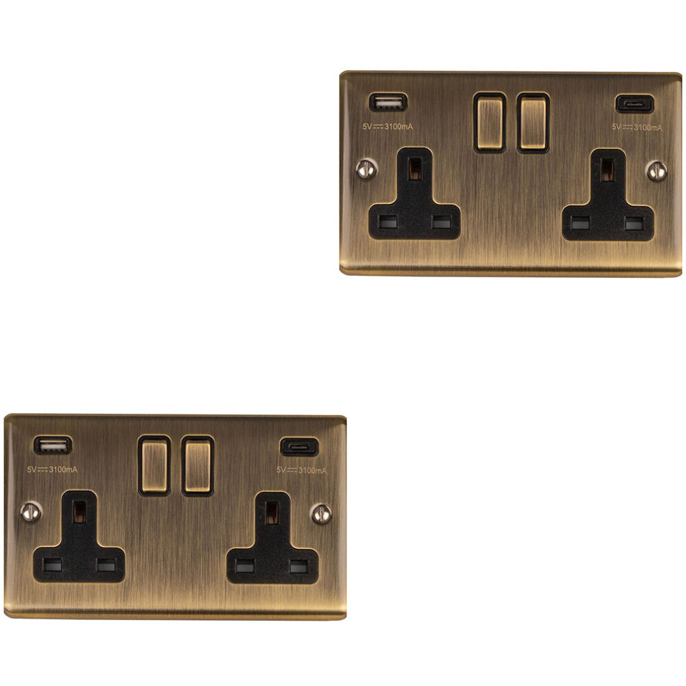 Loops 2 Pack 2 Gang Double Uk Plug Socket & Dual 3.1A Usb-C Antique Brass 13A Switched