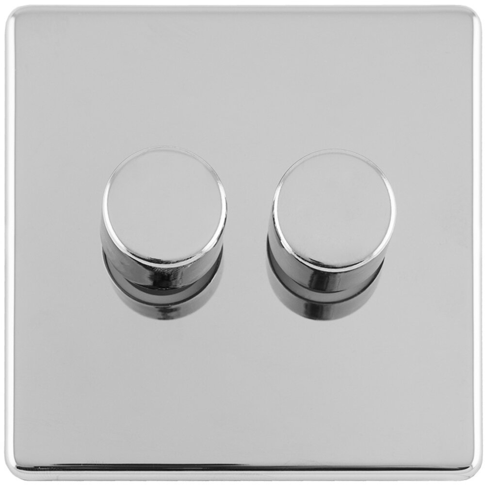 2 Gang Rotary Dimmer Switch 2 Way LED SCREWLESS POLISHED CHROME Light Dimming