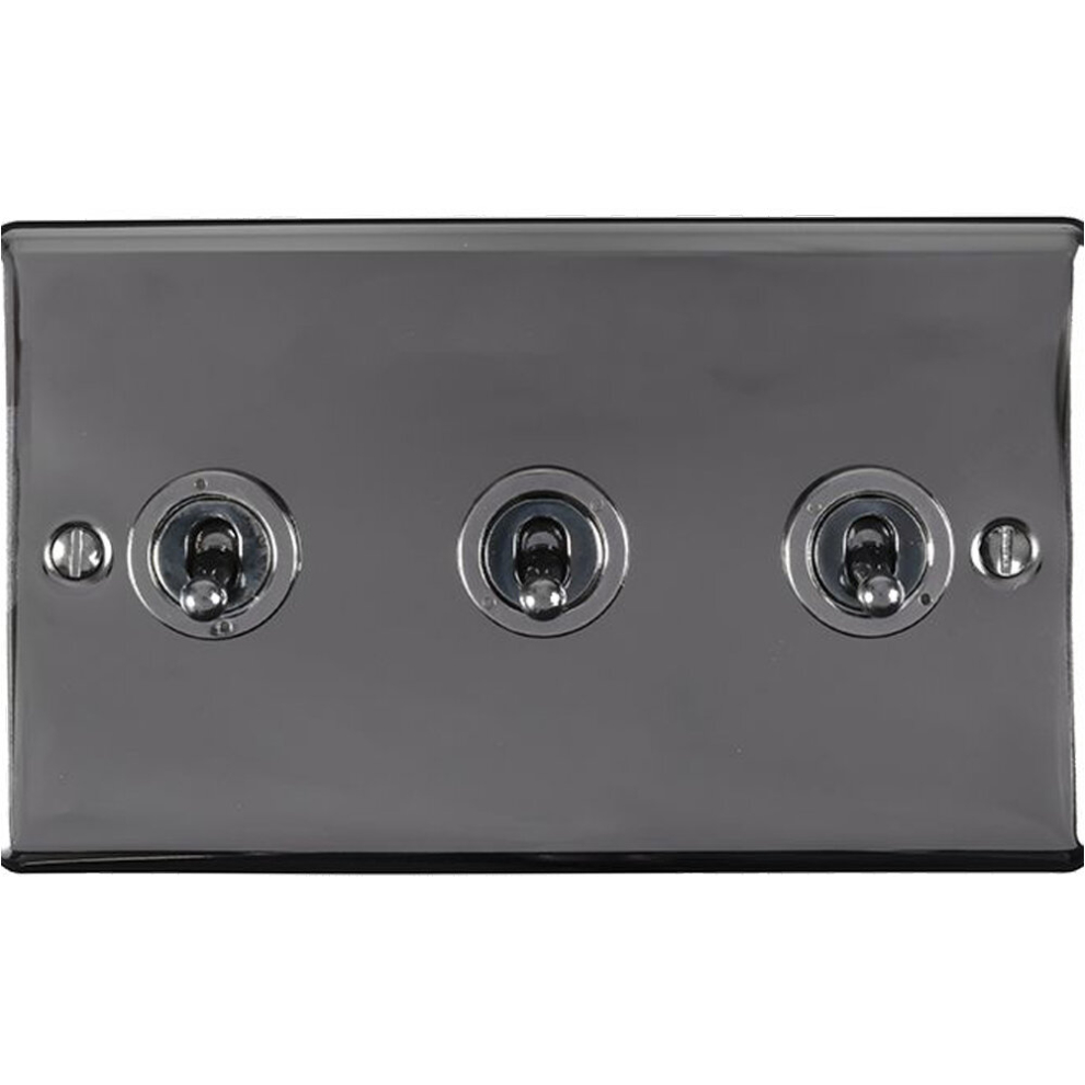 Loops 3 Gang Triple Retro Toggle Light Switch Black Nickel 10A 2 Way Lever Plate