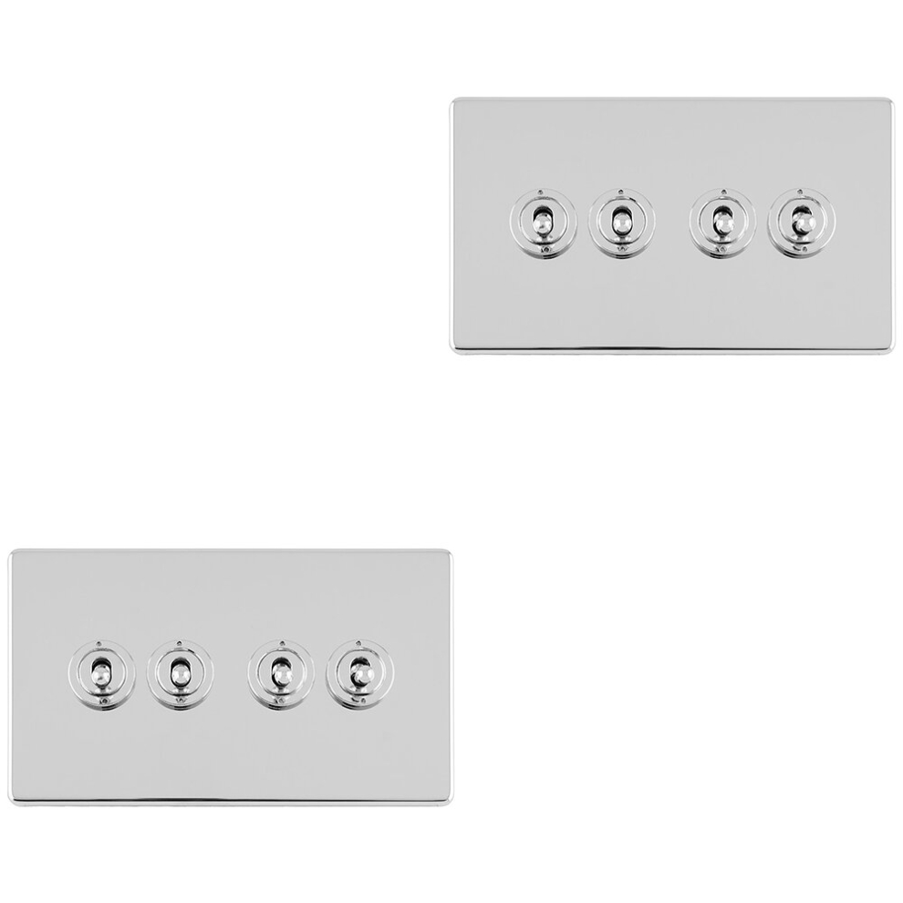 2 PACK 4 Gang Quad Retro Toggle Light Switch SCREWLESS POLISHED CHROME 10A 2 Way