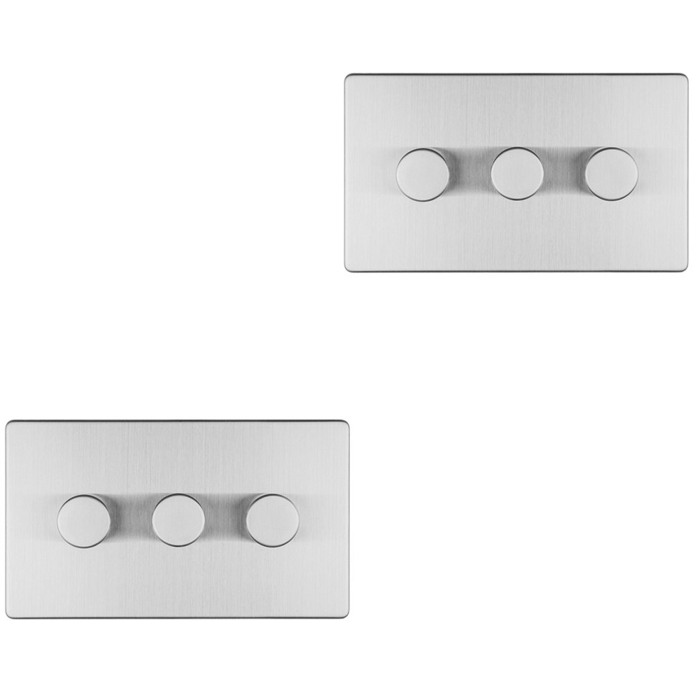 2 PACK 3 Gang Dimmer Switch 2 Way LED SCREWLESS SATIN STEEL Light Dimming Wall