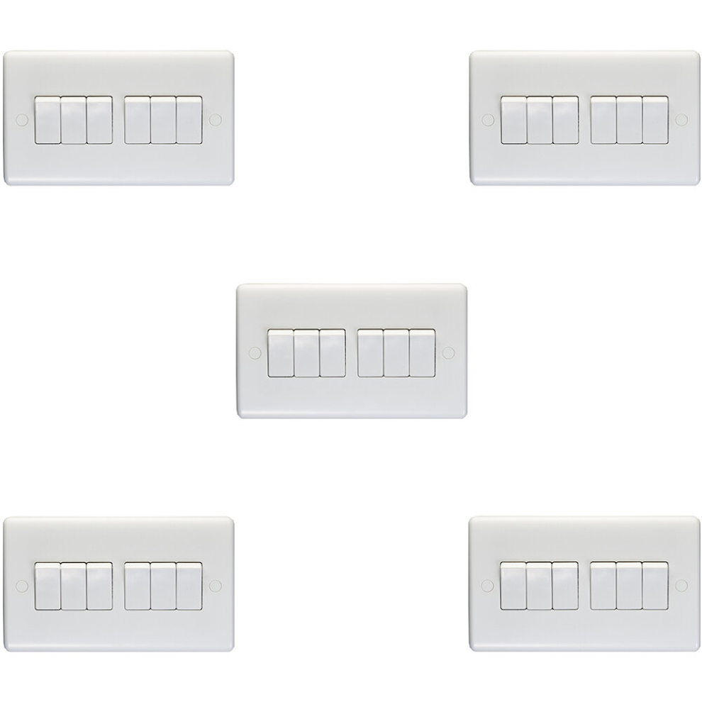 5 PACK 6 Gang Multi 10A Light Switch 2 Way - WHITE PLASTIC Wall Plate Rocker