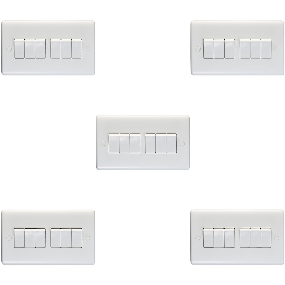 5 PACK 6 Gang Multi 10A Light Switch 2 Way - WHITE PLASTIC Wall Plate Rocker