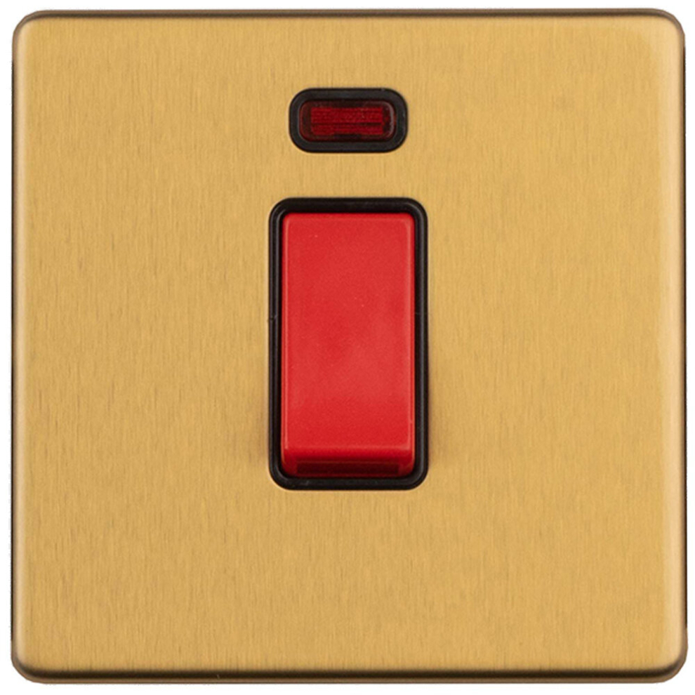 1 Gang Single 45A DP Cooker Switch & Neon SCREWLESS SATIN BRASS Slim Rocker