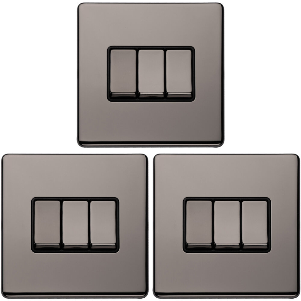 Loops 3 Pack 3 Gang Triple Light Switch Screwless Black Nickel 2 Way 10A Slim Rocker