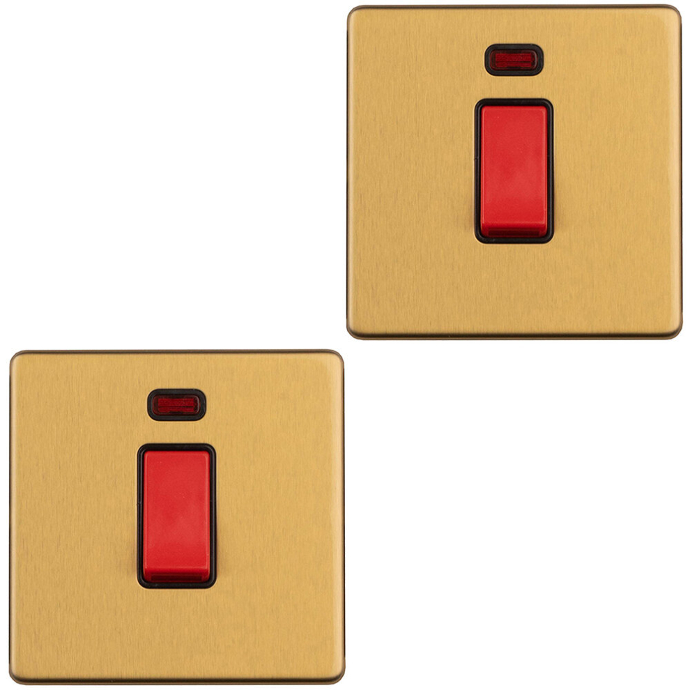 2 PACK 1 Gang Single 45A DP Cooker Switch & Neon SCREWLESS SATIN BRASS Rocker