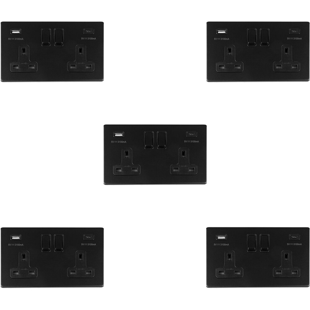 5 PACK 2 Gang Double 13A UK Plug Socket & 2x 3.1A USB-C & A SCREWLESS MATT BLACK