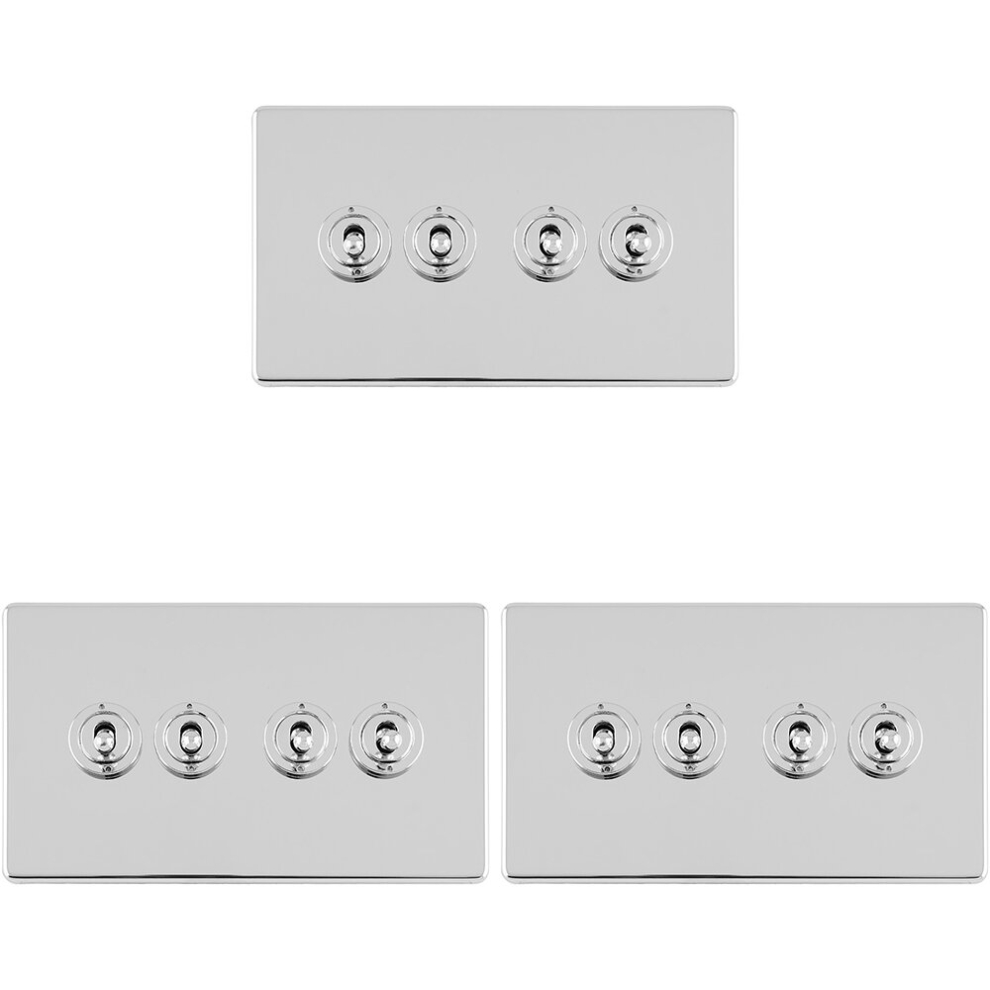 3 PACK 4 Gang Quad Retro Toggle Light Switch SCREWLESS POLISHED CHROME 10A 2 Way