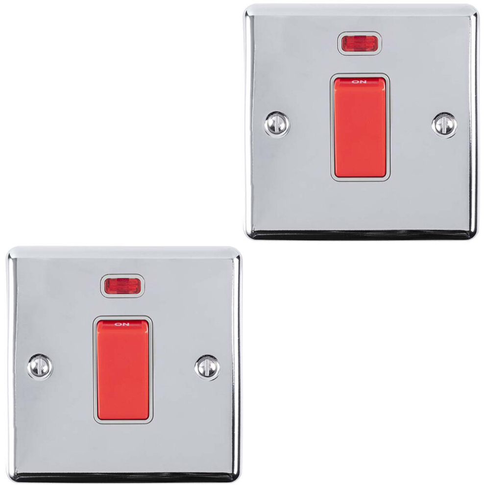 2 PACK 1 Gang 45A Oven Cooker Switch Neon - POLISHED CHROME & GREY Rocker DP