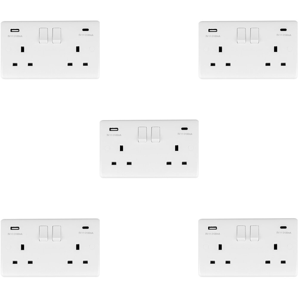 5 PACK 2 Gang UK Plug Socket & Dual 3.1A USB-C & A WHITE PLASTIC 13A Switched