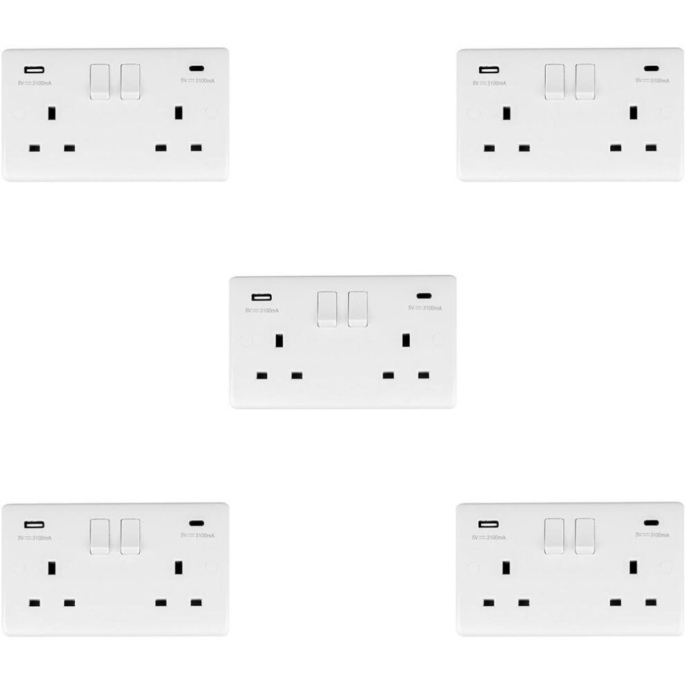 5 Pack 2 Gang Uk Plug Socket & Dual 3.1A Usb-C & A White Plastic 13A Switched 5056581970213