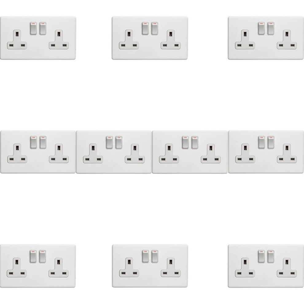 10 PACK 2 Gang Double DP 13A Switched UK Plug Socket SCREWLESS MATT WHITE Power