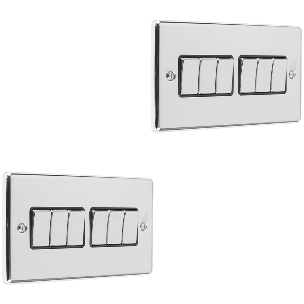 2 PACK 6 Gang Multi Light Switch POLISHED CHROME & BLACK 2 Way 10A Metal Rocker