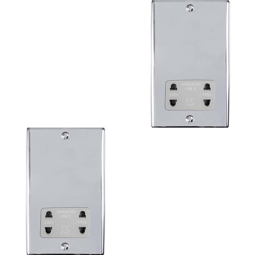 2 PACK 230V & 115V Shaver Twin Socket Wall Plate CHROME & GREY Trim 86mm x 146mm