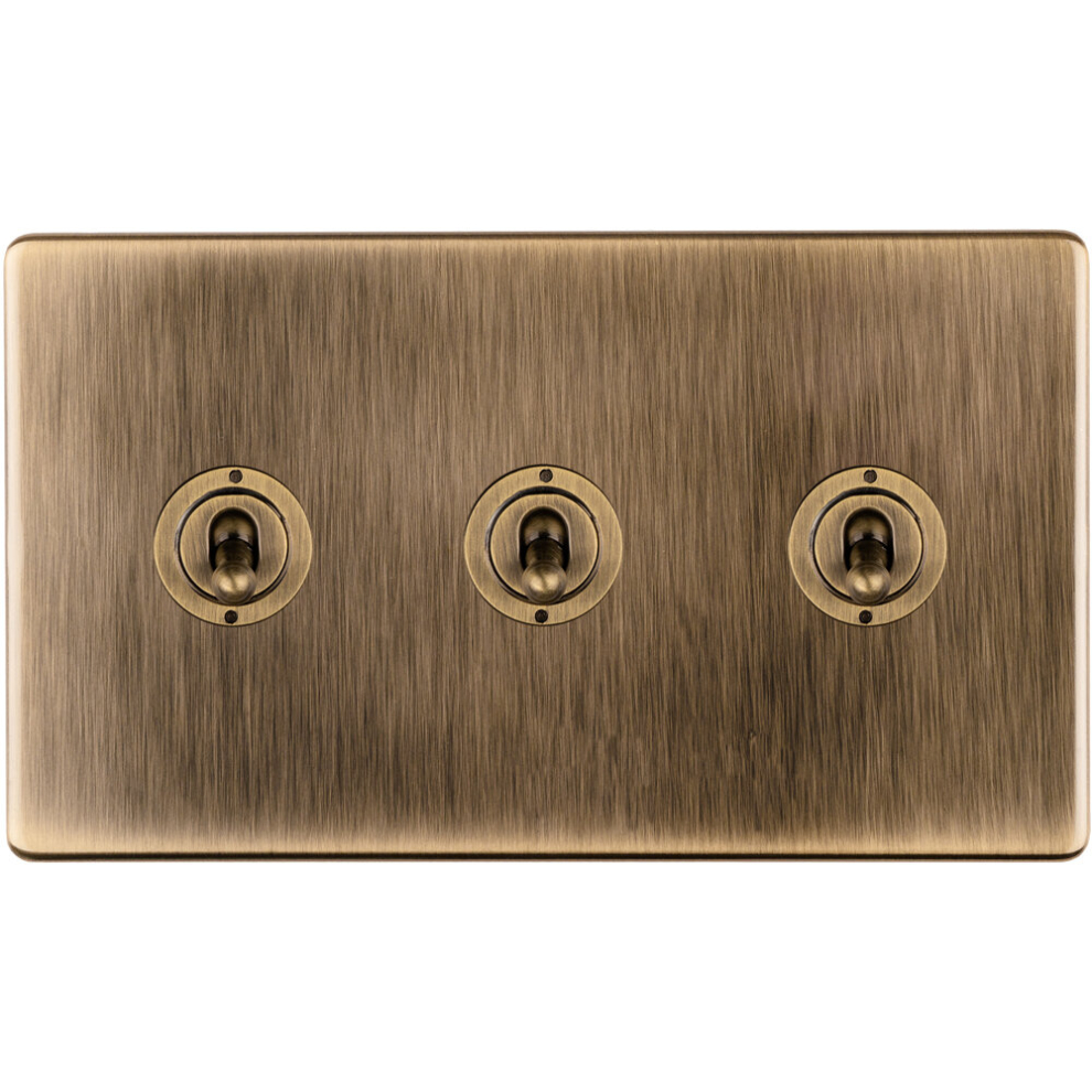 Loops 3 Gang Triple Retro Toggle Light Switch Screwless Antique Brass 10A 2 Way Lever