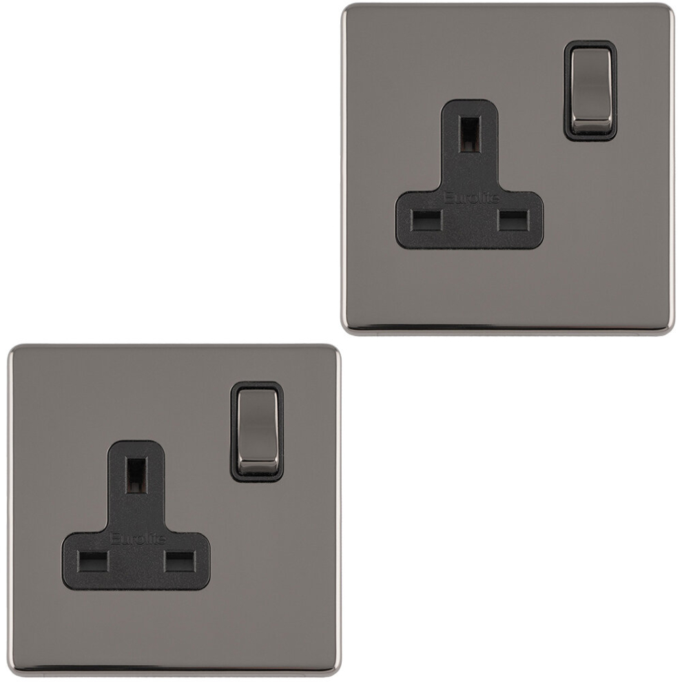 2 PACK 1 Gang DP 13A Switched UK Plug Socket SCREWLESS BLACK NICKEL Wall Power