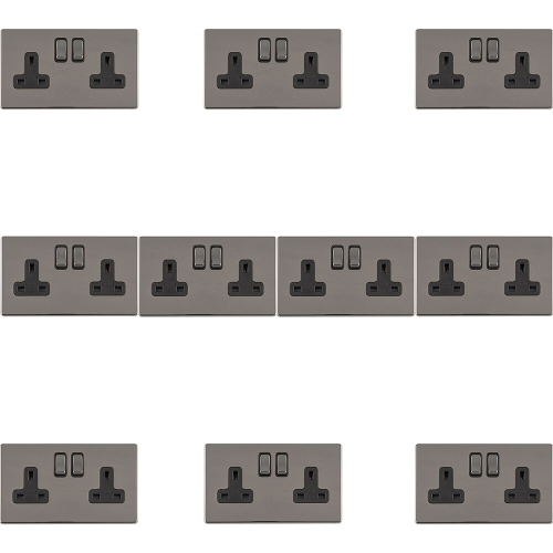 10 PACK 2 Gang DP 13A Switched UK Plug Socket SCREWLESS BLACK NICKEL Wall Power on OnBuy