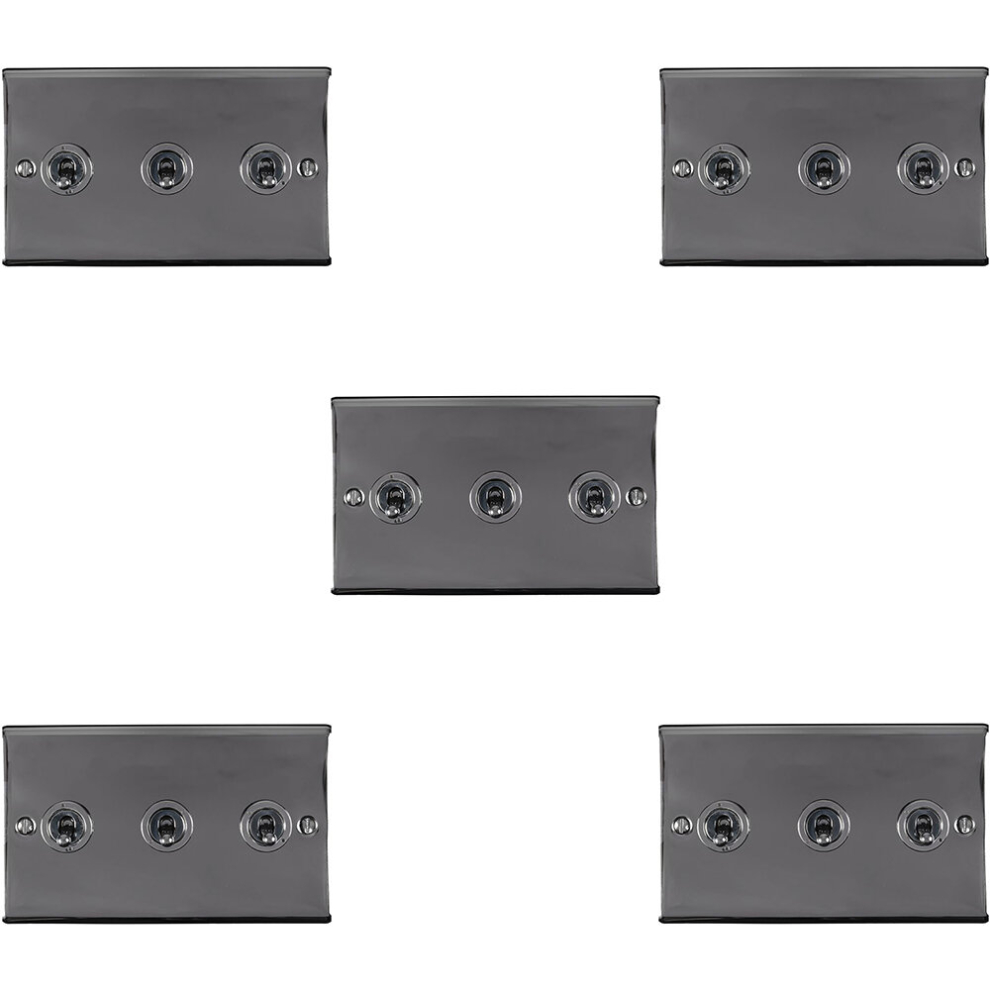 5 PACK 3 Gang Triple Retro Toggle Light Switch BLACK NICKEL 10A 2 Way Plate