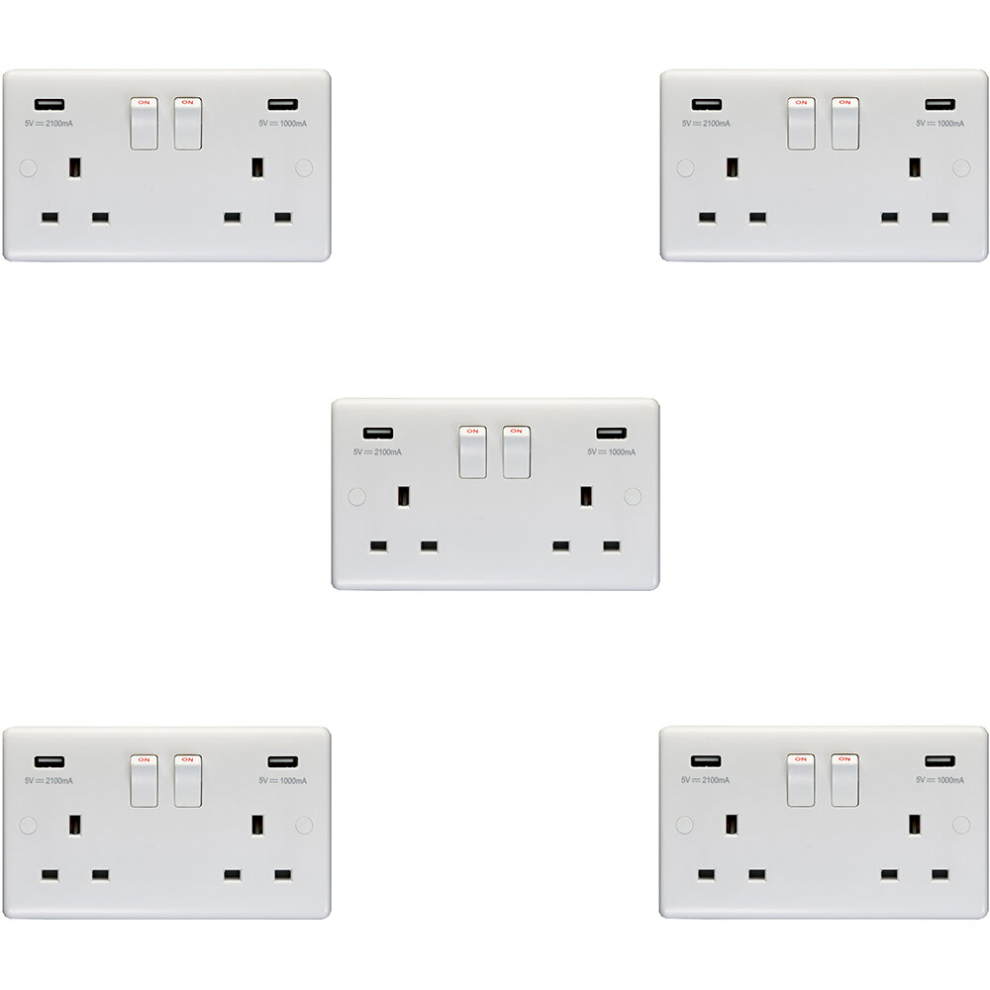 5 PACK 2 Gang Double UK Plug Socket & 2.1A USB-A Charger WHITE 13A Switched