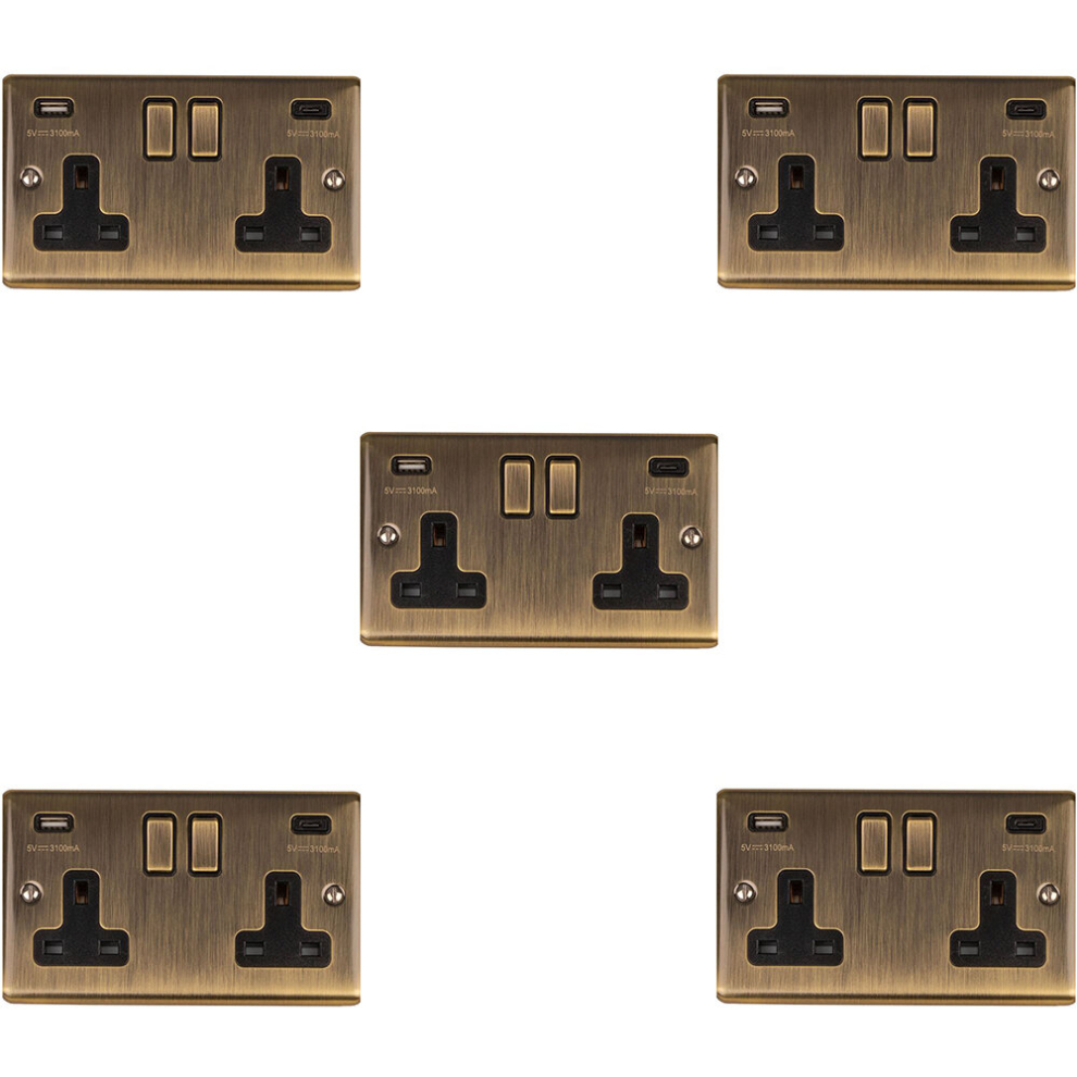 5 PACK 2 Gang Double UK Plug Socket & Dual 3.1A USB-C ANTIQUE BRASS 13A Switched